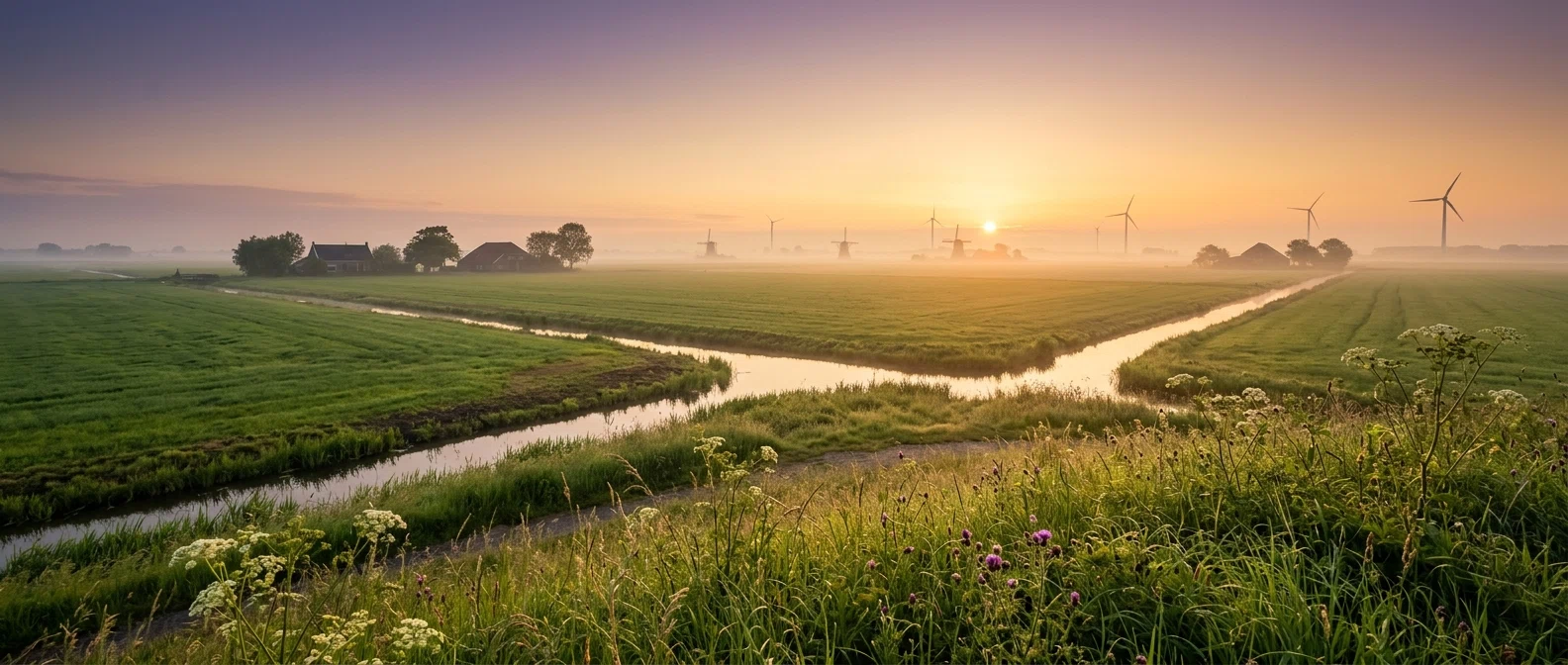 Groene Nederlandse velden bij zonsopgang